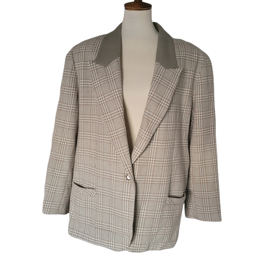 Vintage - Tan Jay Olive Green and Cream‎ Glen Plaid Wool Blazer